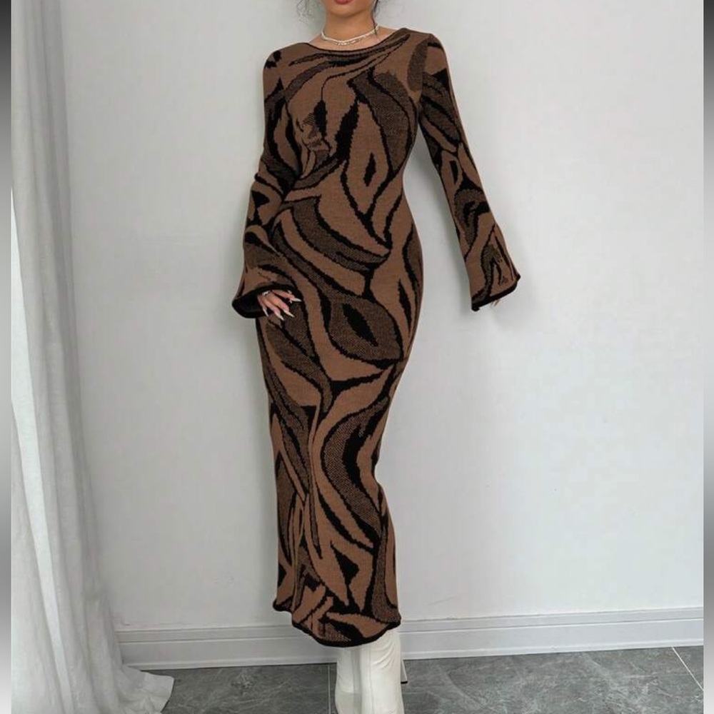 Luxe Elegant Black Brown Swirl Pattern Long Flare Sleeve Sweater Dress